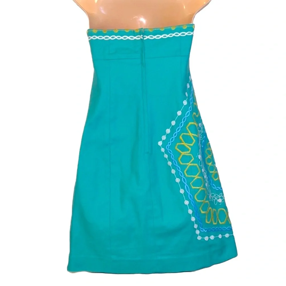 Lilly Pulitzer Bowen Strapless Mini Dress, Teal, Embroidered Bee Hive, Size 2 - Picture 3 of 10